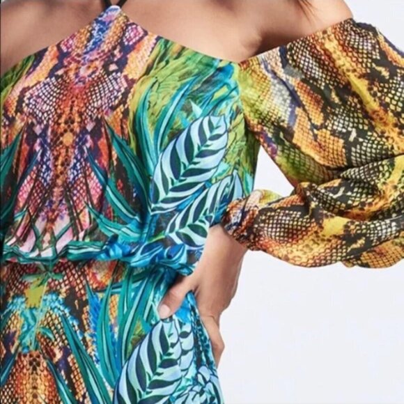 VENUS Maxi Dress Bright Colorful Tropical Print Off Shoulder Boho Flowy Long S - Picture 4 of 15
